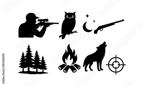 Hunting and wilderness icons silhouette collection