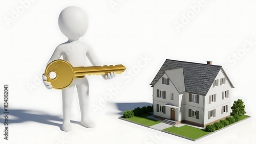 Home ownership concept with person holding golden key next to modern family house symbolizing real estate investment security and future living