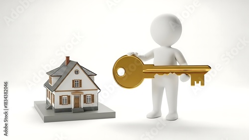 Home ownership concept with person holding golden key next to modern family house symbolizing real estate investment security and future living