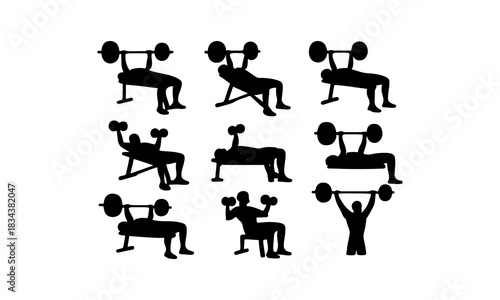 Silhouettes of people lifting weights in various exercises