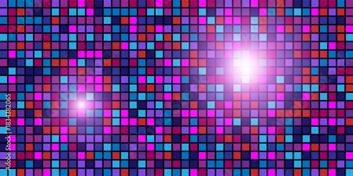 Purple discoball glamour pattern with mirror mosaic texture. Night club background with square sequins. Luxury party bg. Vector illustration. Vintage abstract wallpaper.
