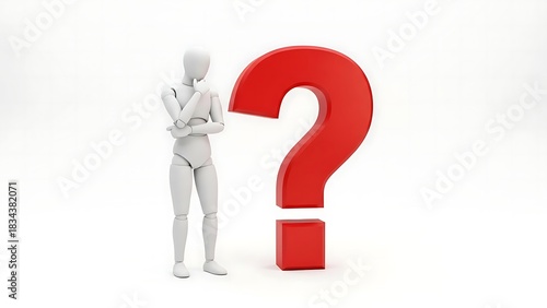 Thinking person standing beside large red question mark symbolizing decision making problem solving confusion and curiosity concept