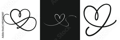 Minimal heart line art set with abstract romantic swirl shapes in black and white continuous stroke style