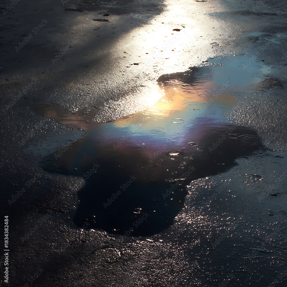Fototapeta premium Abstract macro shot of an oil slick puddle on dark wet asphalt reflecting a vibrant rainbow spectrum of colors.