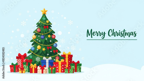 Festive christmas tree surrounded by colorful gifts and snowflakes