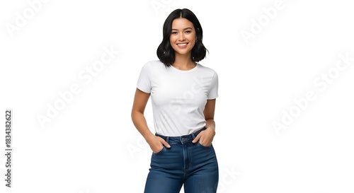 Happy young woman in white tshirt and blue jeans, standing confidently with hands in pockets, isolated on white background