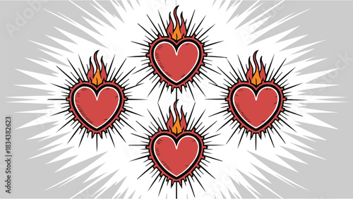 Flaming sacred heart pattern illustration with radiant burst lines in bold vintage tattoo style