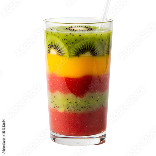 Colorful Layered Smoothie in Glass with Straw Refreshing and Healthy.