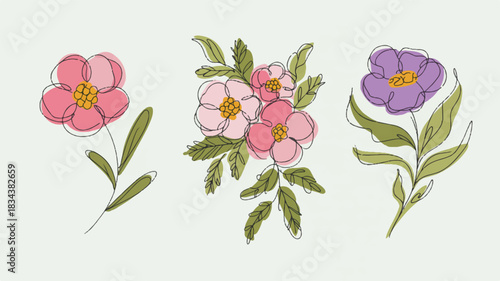 A digital illustration of three floral arrangements drawn in a sketchy, hand-drawn style. 