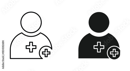 Add Patient or Healthcare Provider Icon Set: User with Medical Plus Symbol, Outline and Glyph Styles