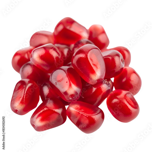 A fresh pile of vibrant red pomegranate seeds isolated.