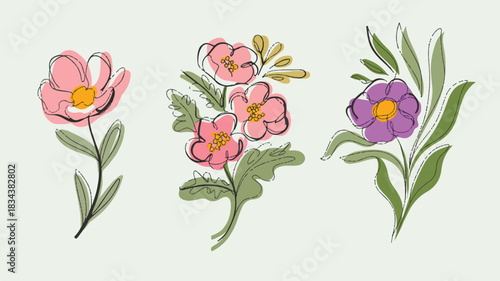 A digital illustration of three floral arrangements drawn in a sketchy, hand-drawn style. 