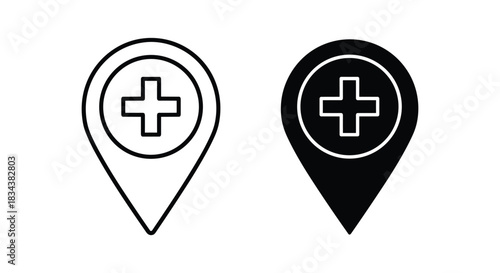 Medical Cross Map Pin Location Icon Set (Outline & Solid)