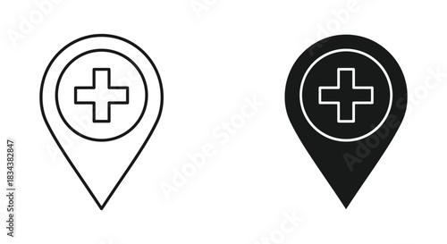Hospital Location Map Pin Icon Set - Outline and Solid Medical Facility Pointer