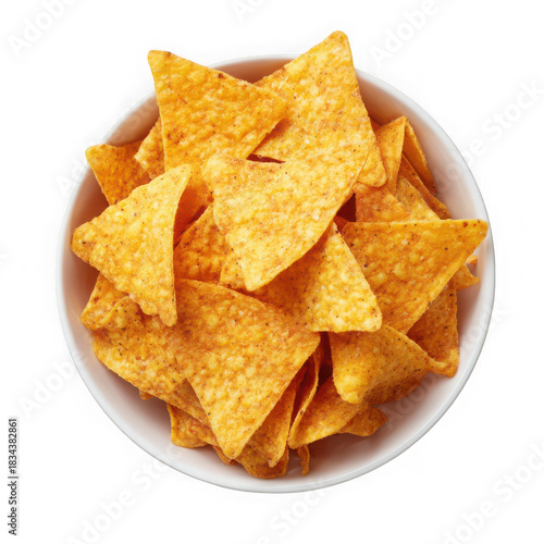 Tortilla, Mexican nachos chips on white bowl, top view on white background.