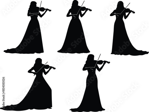 Elegant Female Violinist Silhouettes Vector Collection, Illustrating Women in Long Gowns Playing Classical Music, Emphasizing Orchestra Performance, Grace, Entertainment, Art, and Musical Talent.