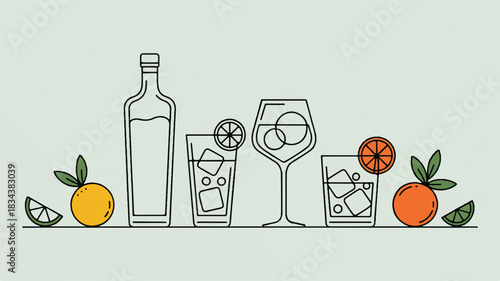 A minimalist line art illustration of cocktail elements on a light gray background.  