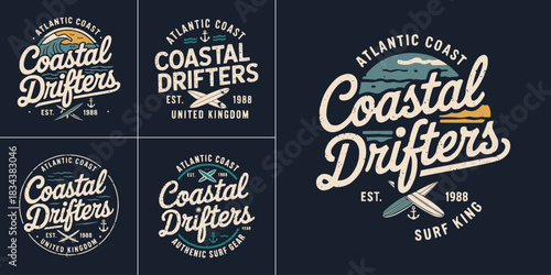 Vintage coastal drifters surf badge set with retro ocean wave illustration crossed boards nautical elements and bold script typography