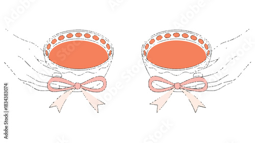 A minimalist line drawing illustration of two identical coral-colored dessert cups with decorative scalloped edges