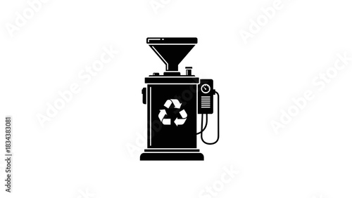 Used oil recycling station, minimalist design, eco-friendly concept, black silhouette on transparent background