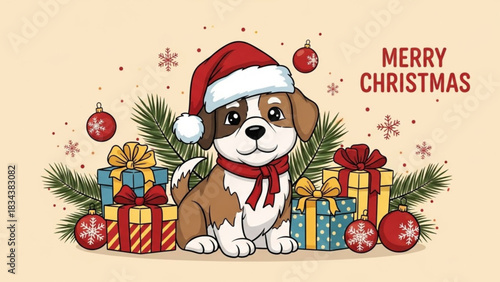 Cute puppy wearing santa hat surrounded by christmas gifts and ornaments