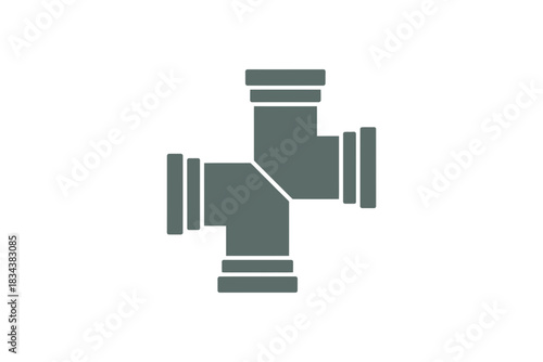 Illustration of two gray pipe fittings connected together in a cross configuration