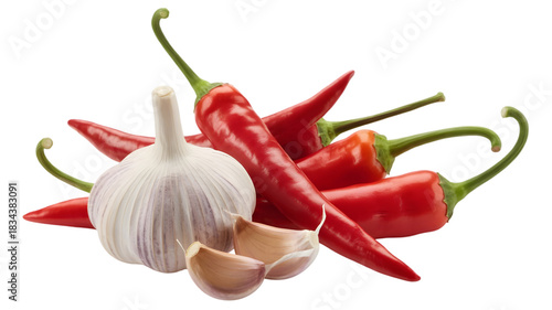 Red chili peppers and garlic isolated on transparent background