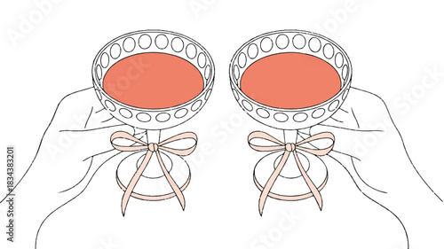 A minimalist line drawing illustration of two identical coral-colored dessert cups with decorative scalloped edges