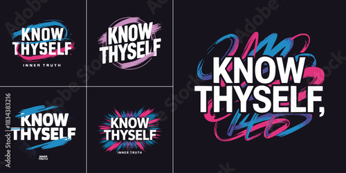 Bold know thyself typography set with vibrant brush stroke effects neon colour accents and modern motivational graphic style