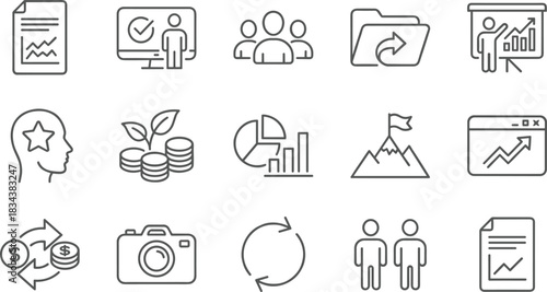 Business management and financial analytics line icons set, investment growth, team, goal, currency, report vector elements