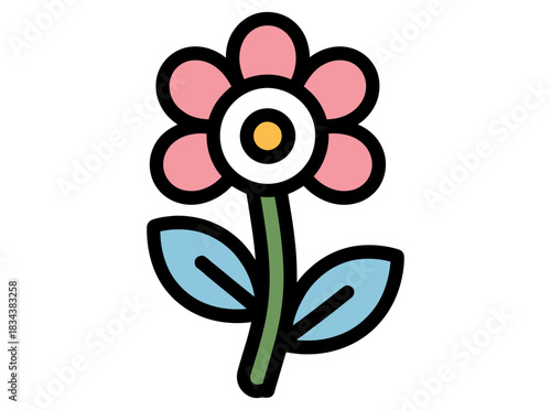 Illustration of a pink flower with a yellow center and two blue leaves on a green stem