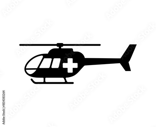 Illustration of a black medical helicopter with a white cross on its side view image