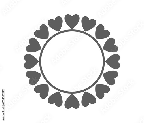 A circular frame decorated with gray hearts arranged around its perimeter evenly spaced
