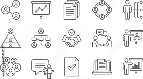 Business Management, Teamwork, and Partnership Line Icons Set, Featuring Presentation, Handshake, Hierarchy, Communication, and Organizational Structure Symbols, Vector Outline.
