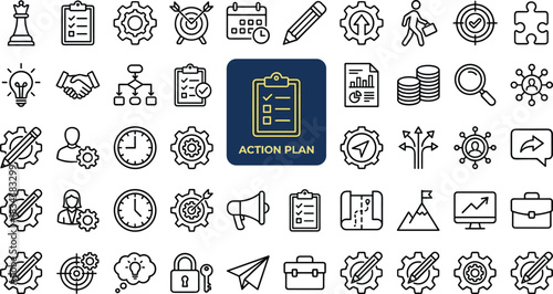 Comprehensive action plan icon set featuring strategy, goals, productivity, planning, workflow, teamwork, leadership, analytics, and project management elements in clean line style.