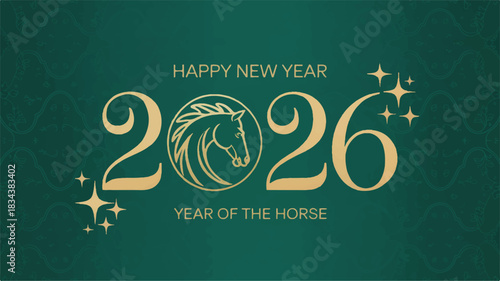 A New Year greeting card design with a deep emerald green background featuring a golden 2026 text in an elegant serif font 