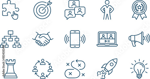 Business Strategy, Success, and Leadership Line Icons Set, Featuring Target, Teamwork, Puzzle, Handshake, Rocket Launch, and Innovation Symbols, Simple Vector Outline.