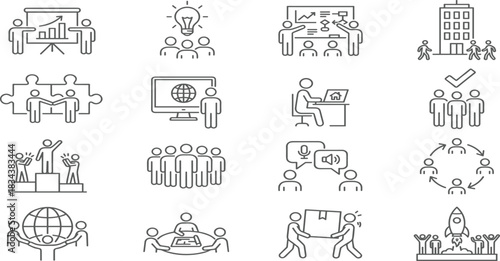 Business teamwork and management line icons set, corporate strategy, collaboration, office meeting, human resources, startup success, vector symbols.