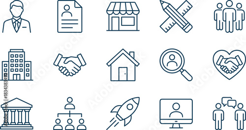 Business, Finance, and Corporate Management Line Icons Set, Featuring Office, Teamwork, HR, Storefront, Agreement, Home, and Startup Symbols, Simple Vector Outline.