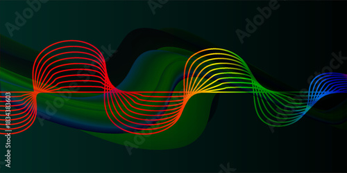Abstract glowing wave lines on dark green background. Dynamic wave pattern. Modern flowing wavy lines. Futuristic technology concept. Suit for banner, poster, cover, brochure, flyer, website