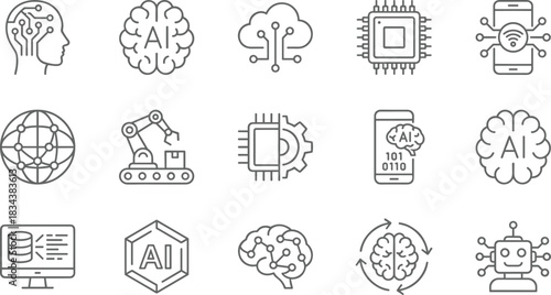 Collection of Artificial Intelligence (AI) and technology line icons, featuring brain, cloud computing, processor chip, robot, and global network, vector graphics.