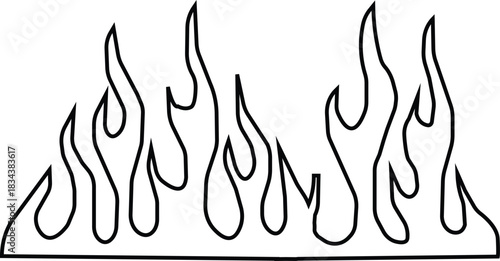 Black flame icon in line style, fire silhouette with tribal blaze shapes and decorative heat graphic monochrome burning element pack with synonym illustration