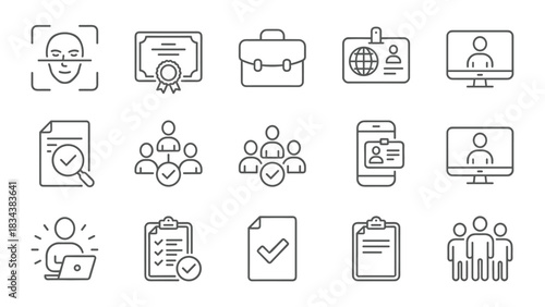 Collection of business, human resources, and certification line icons, featuring teamwork, document, briefcase, face ID, and video call, vector graphic set.