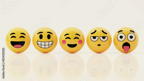 A row of five yellow emoji faces arranged horizontally against a white background 