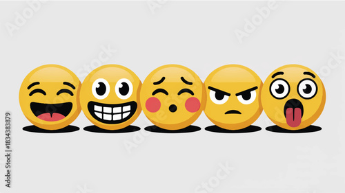 A row of five yellow emoji faces arranged horizontally against a white background