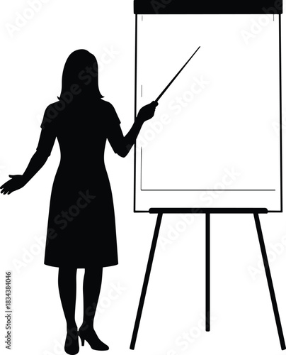 Silhouette of presenter with flip chart, business training, education concept, teaching, seminar, blank board, vector illustration, black figure, corporate 