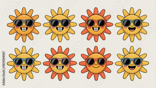 A set of 8 cartoon sun characters arranged in two rows against a white background 