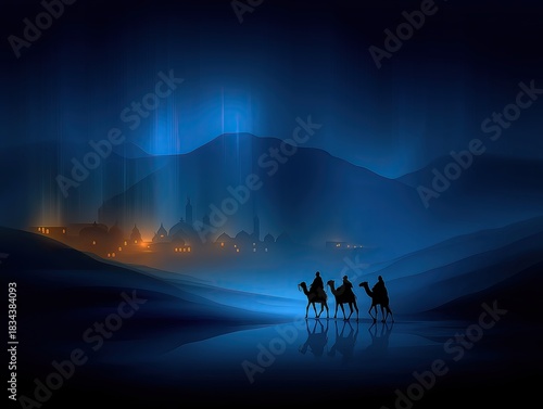 Camel silhouettes traverse a serene desert landscape at dusk, illuminated by distant lights, evoking a sense of journey and epiphany in a tranquil atmosphere