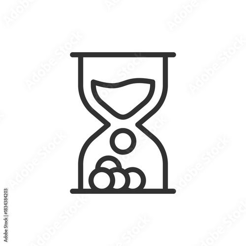 Hourglass with coin, linear icon. Time and money management. Line with editable stroke.