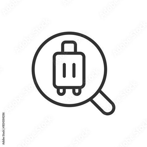 Magnifier with luggage, linear icon. Baggage inspection and airport security. Line with editable stroke.